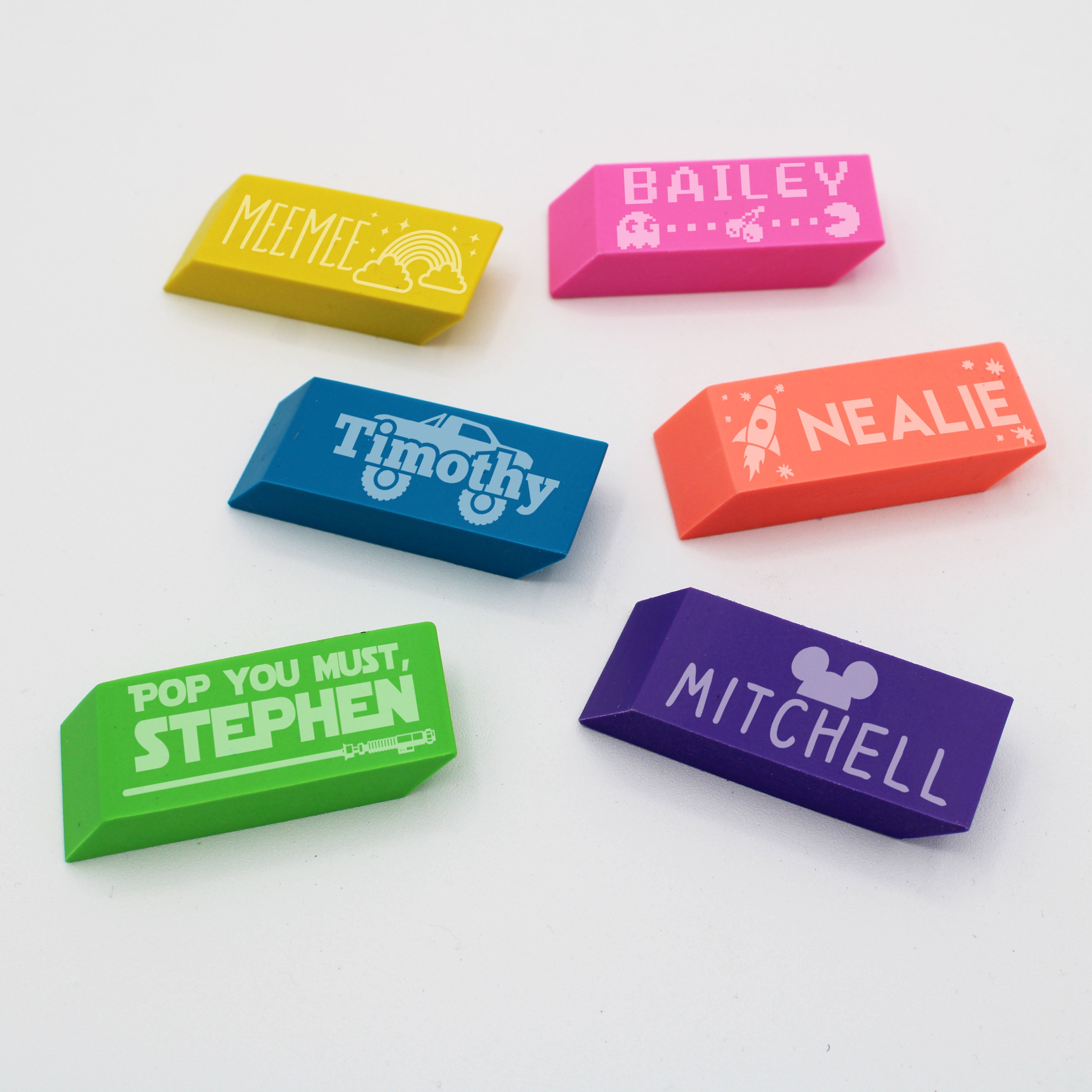 Personalized Neon Erasers Set of 6 | Rocket