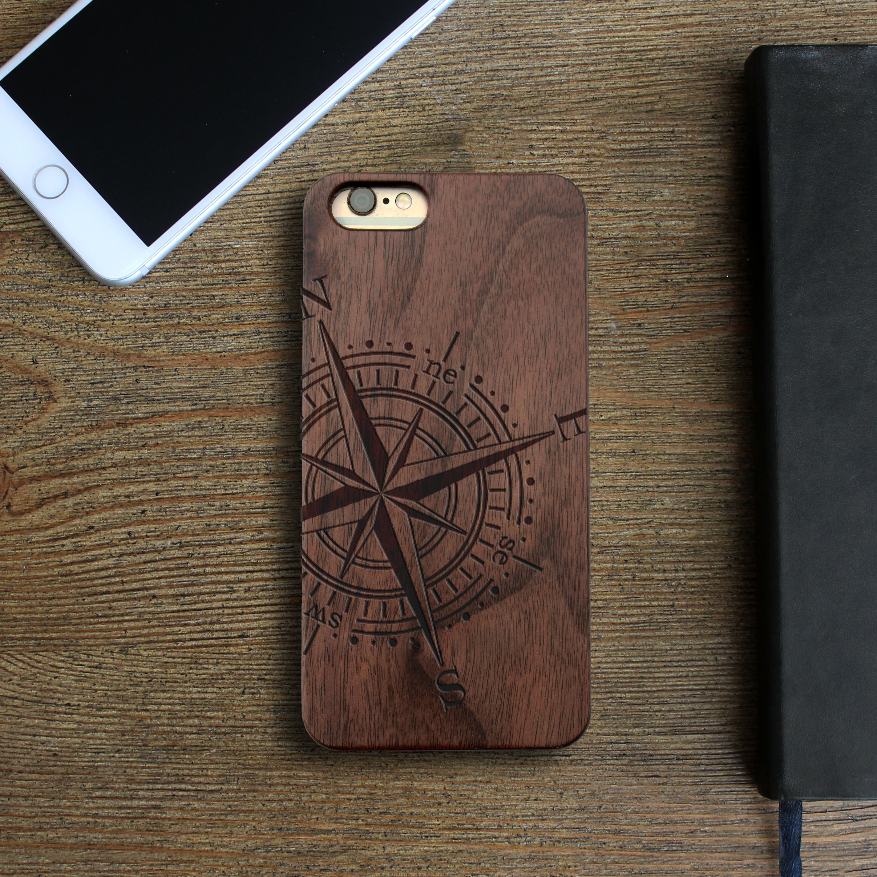 Real Wood Phone Case Boyfriend Gift. Compass Engraved Wood Iphone Case Compass Engraved Wood Phone Case