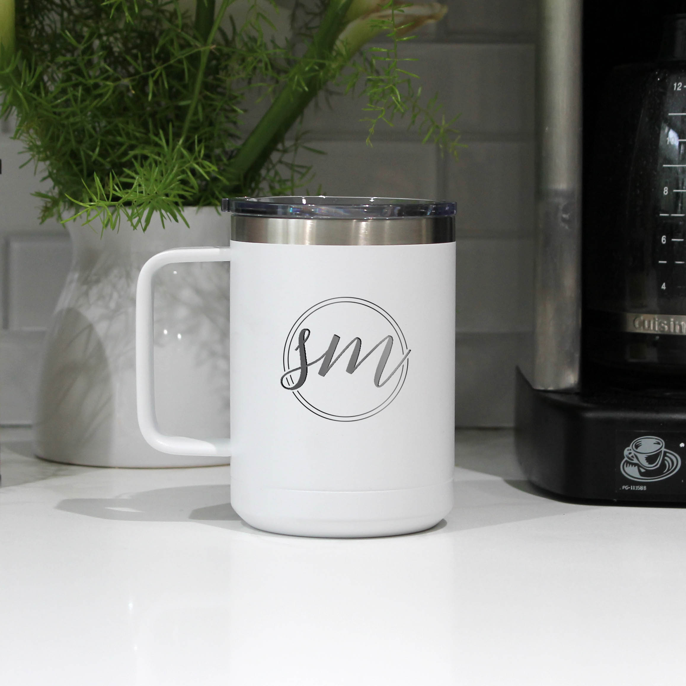  Personalized Travel Tumbler Coffee Mug with Handle - Engraved  Custom Monogrammed - 14 oz (Silver) : Home & Kitchen