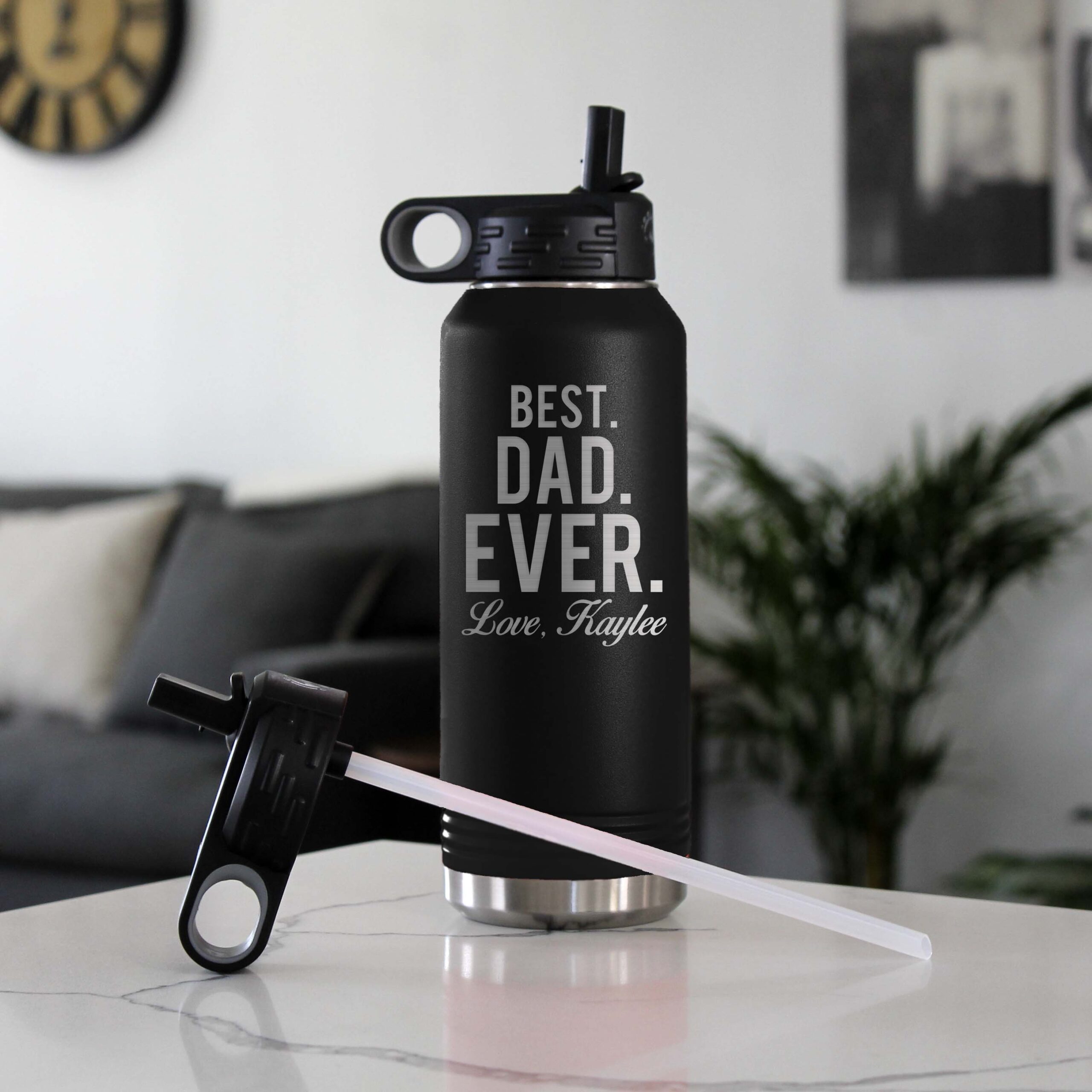 Personalized Water Bottle With Flip up Straw Engraved Stainless